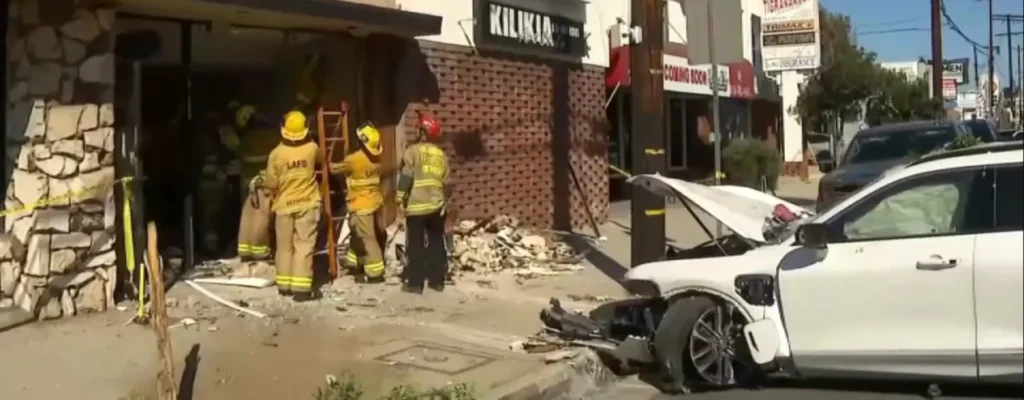 car crashed into a building in Valley Glen