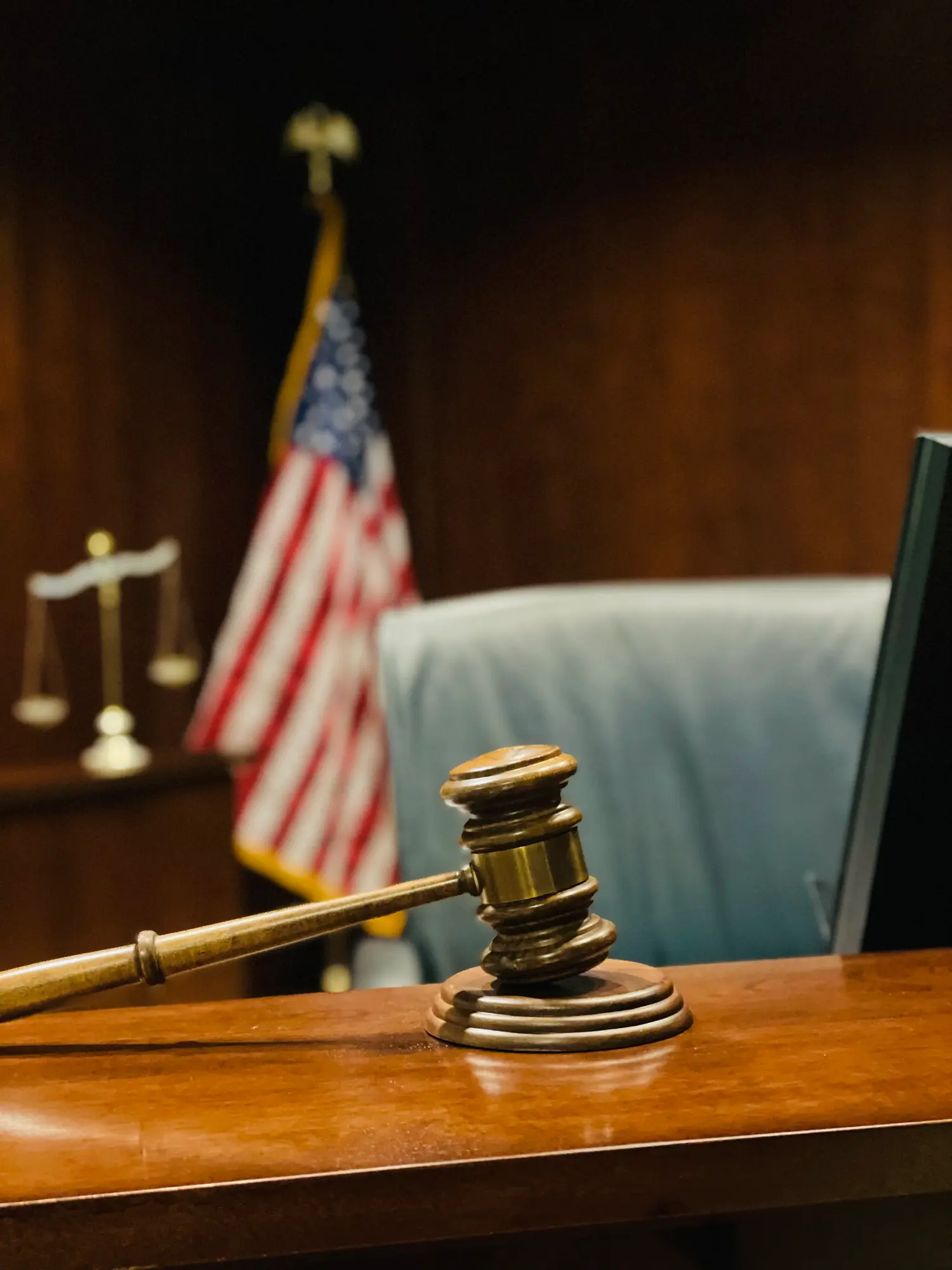 Interior of a courtroom with a gavel